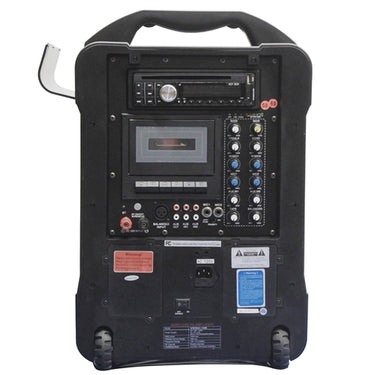 Wireless PA system back view showcasing DVD, CD, cassette, and MP3 inputs for versatile audio solutions.